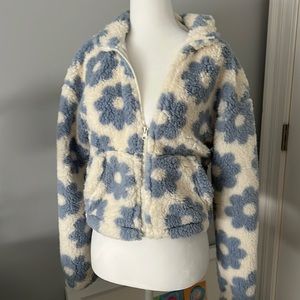 blue flower sherpa zip up jacket